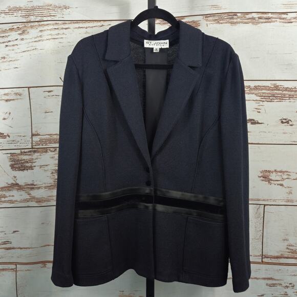 St. John Evening Knit Blazer Black Size 12 Leather Velvet Trim - Picture 1 of 7